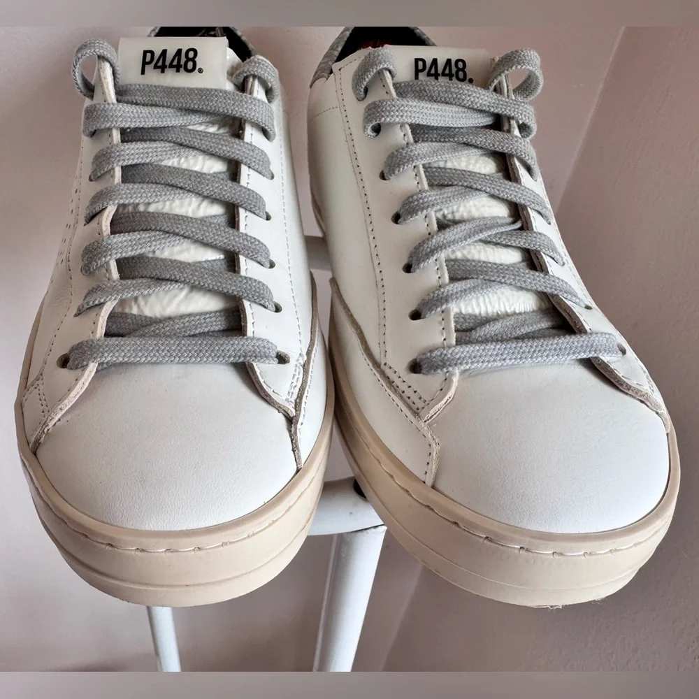 P448 John Silver White Sneakers with Pink Soles & Gray Laces - Size 37 - Picture 9 of 16